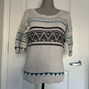 American Eagle Outfitters Cream and Teal Patterned Sweater